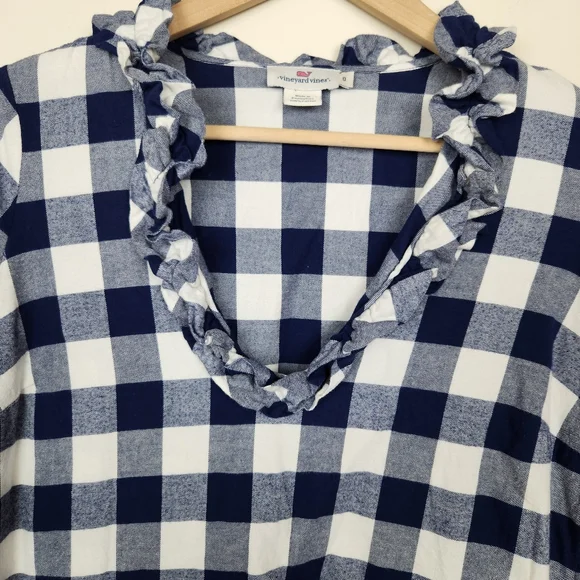 Vineyard Vines Blue White Checkered Plaid Ruffle Neck Dress Sz 0 - Picture 4 of 6